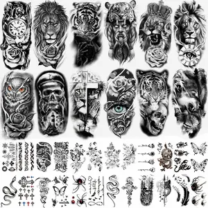 36 Sheets Temporary Tattoos Stickers, 12 Sheets Fake Body Arm Chest Shoulder Tattoos for Men or Women with 24 Sheets Tiny Black Waterproof