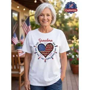Custom Grandma Short Sleeve T-Shirt, Personalized for Family Names Graphic Tee. Fourth of July Independence Day Outfit Featuring USA Flag And Leopard Heart Design. Casual Loose Crewneck Top Parties Pa