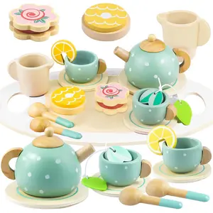 Wooden Tea Set Toy, Miniature Cooking Set, Pretend Play Tea Pot & Cup & Food Toy, Kitchen Accessories, Pretend Play Toy for Girls & Boys