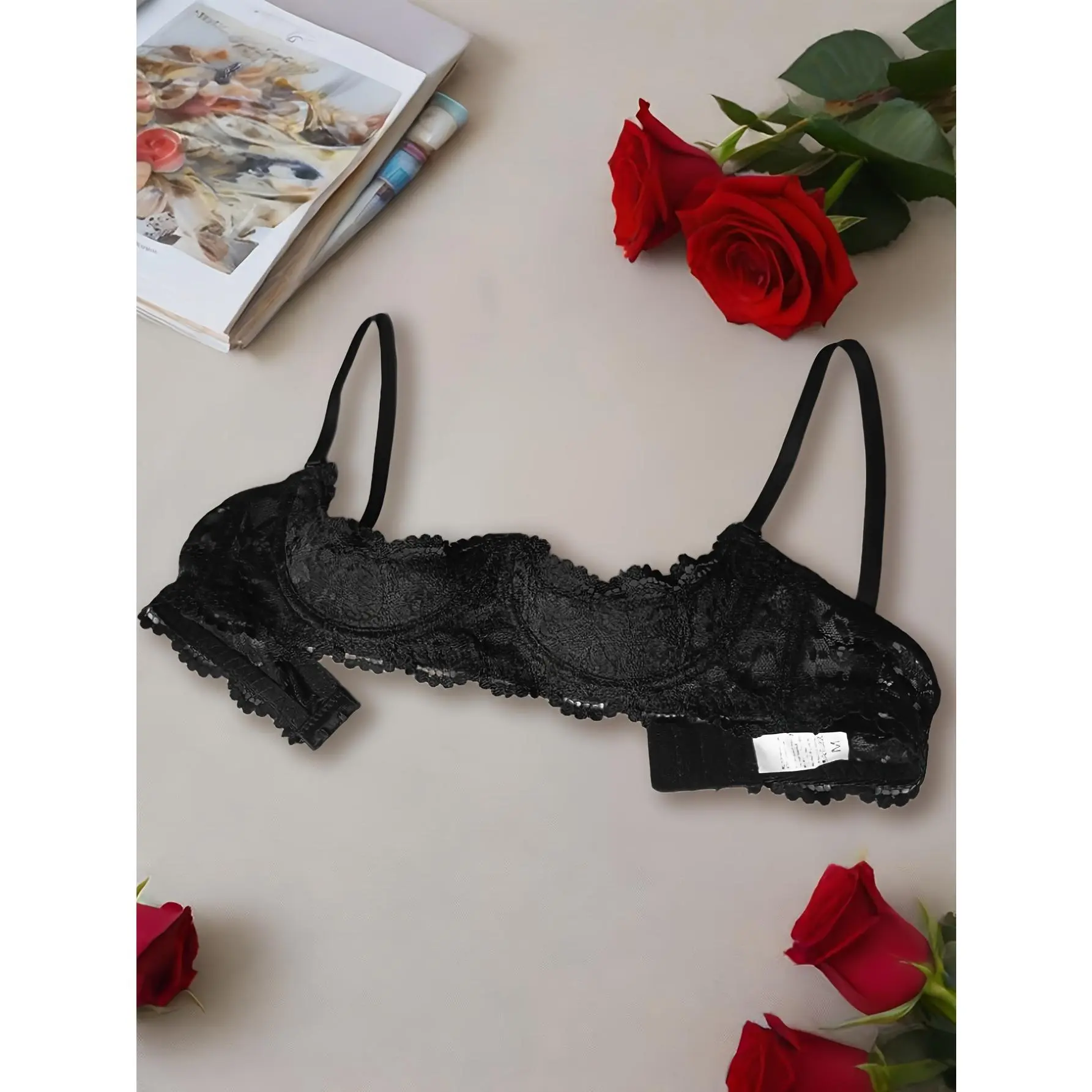 Ladies Black Sexy Lace Edge Half Cup Bra, Sexy Adjustable Shoulder Strap Comfortable Underwear