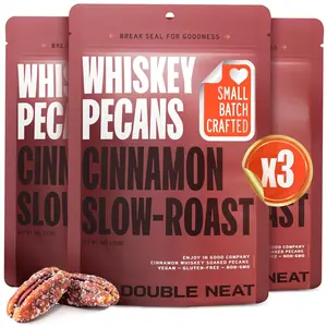 Double Neat Cinnamon Whiskey Pecans – Vegan & Gluten-Free – Cinnamon Slow-Roasted Candied Pecans with Bourbon Glaze – Gourmet Sweet Snack – Gifts for Whiskey Lovers – 4 Ounces Each (Pack of 3)