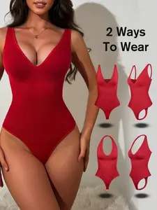 Women's Abdominal Control Seamless Shapewear Bodysuit, Dual-Way Wearing, Removable Straps, Panty-Style, Bikini Style, Strapless Halterneck