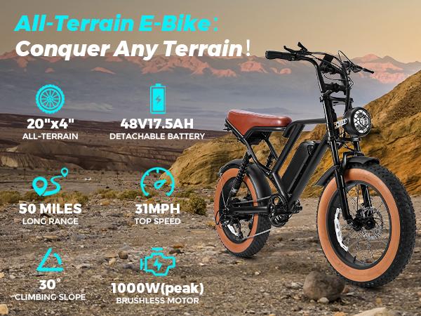 Electric Bike for Adults Peak 1000W, 31MPH,48V 17.5AH, E-Bike,35-45 Miles Electric Motorcycle, 20" Fat Tire Dirt Bike, UL2849 All Terrain for Mountains, Snow, Sand, Road