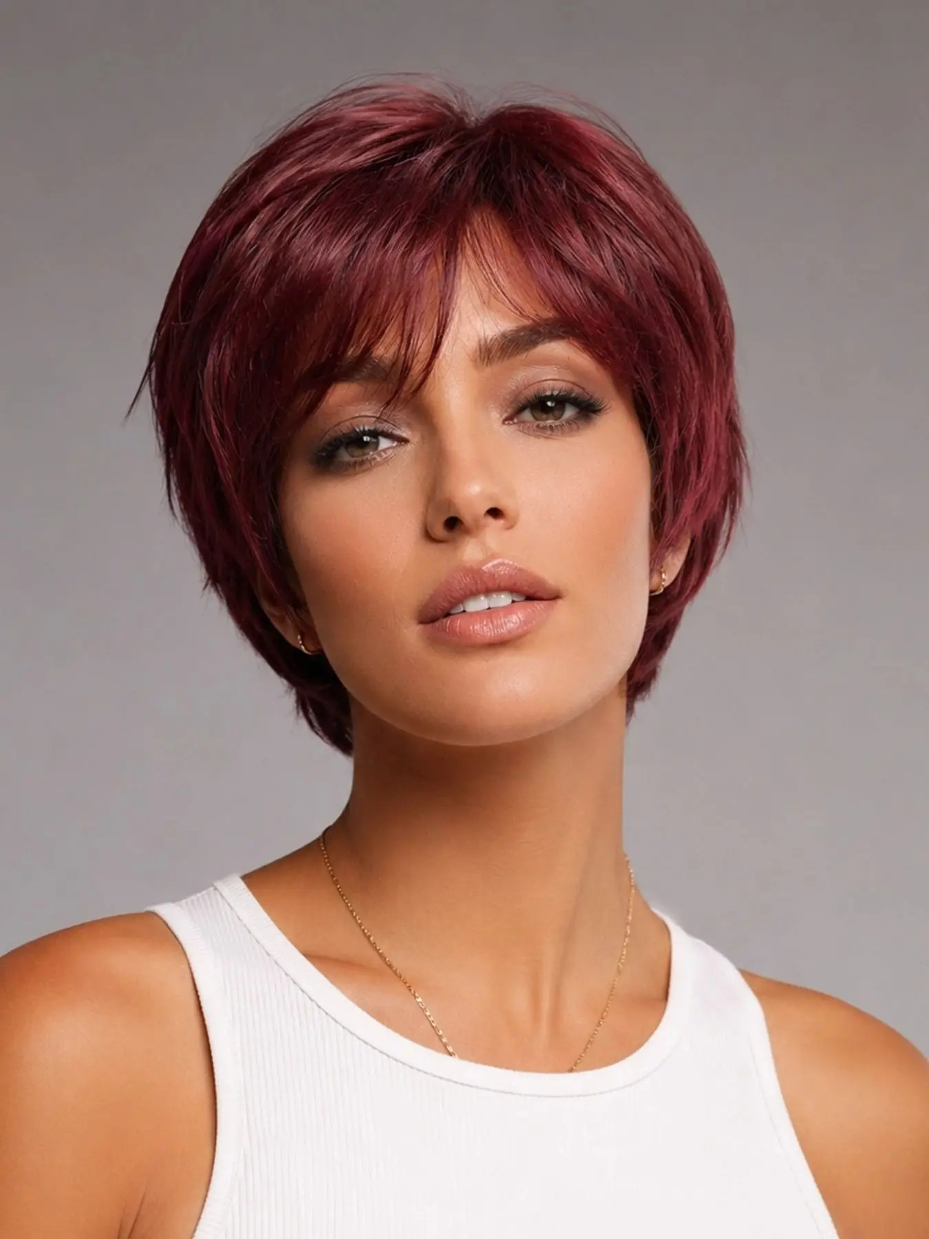 Women's Short Wig, Burgundy Straight Hair with Bangs, Rose Net Cap, Basic Style, Ideal for Role Playing and Halloween