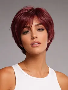 Women's Short Wig, Burgundy Straight Hair with Bangs, Rose Net Cap, Basic Style, Ideal for Role Playing and Halloween