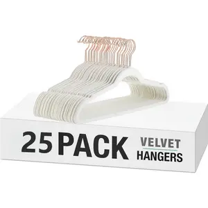 Slim velvet non-slip suit hangers, ivory/rose gold - 25 pieces velvet suit hangers - rose gold hooks, space-saving hangers for rugged and durable coats and suites
