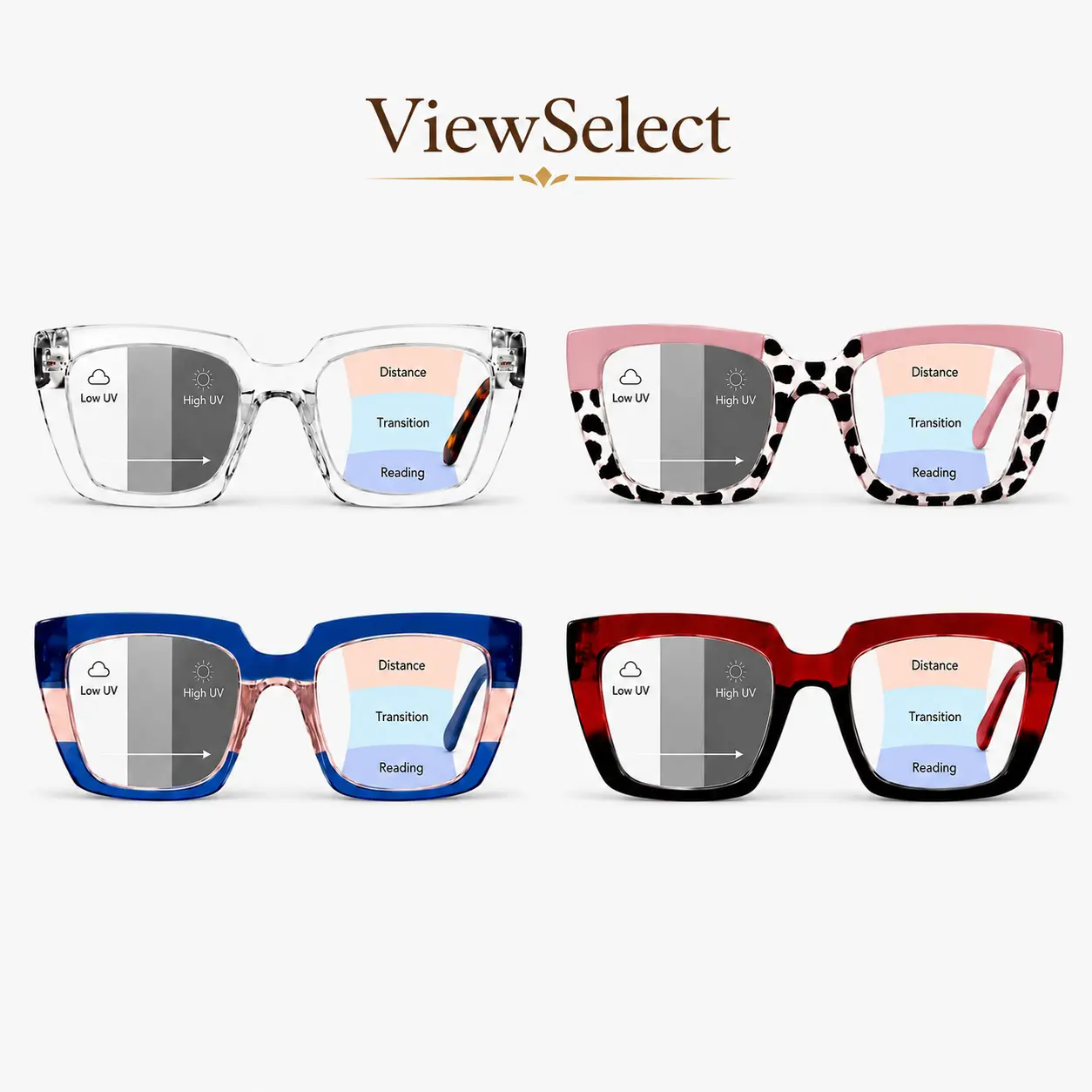ViewSelect Progressive Multifocal Photochromic Reading Glasses for Women & Men, Light-Adaptive Readers for Reading, Computer & Everyday Use, Stylish Square Frame with Anti-Lost Lanyard