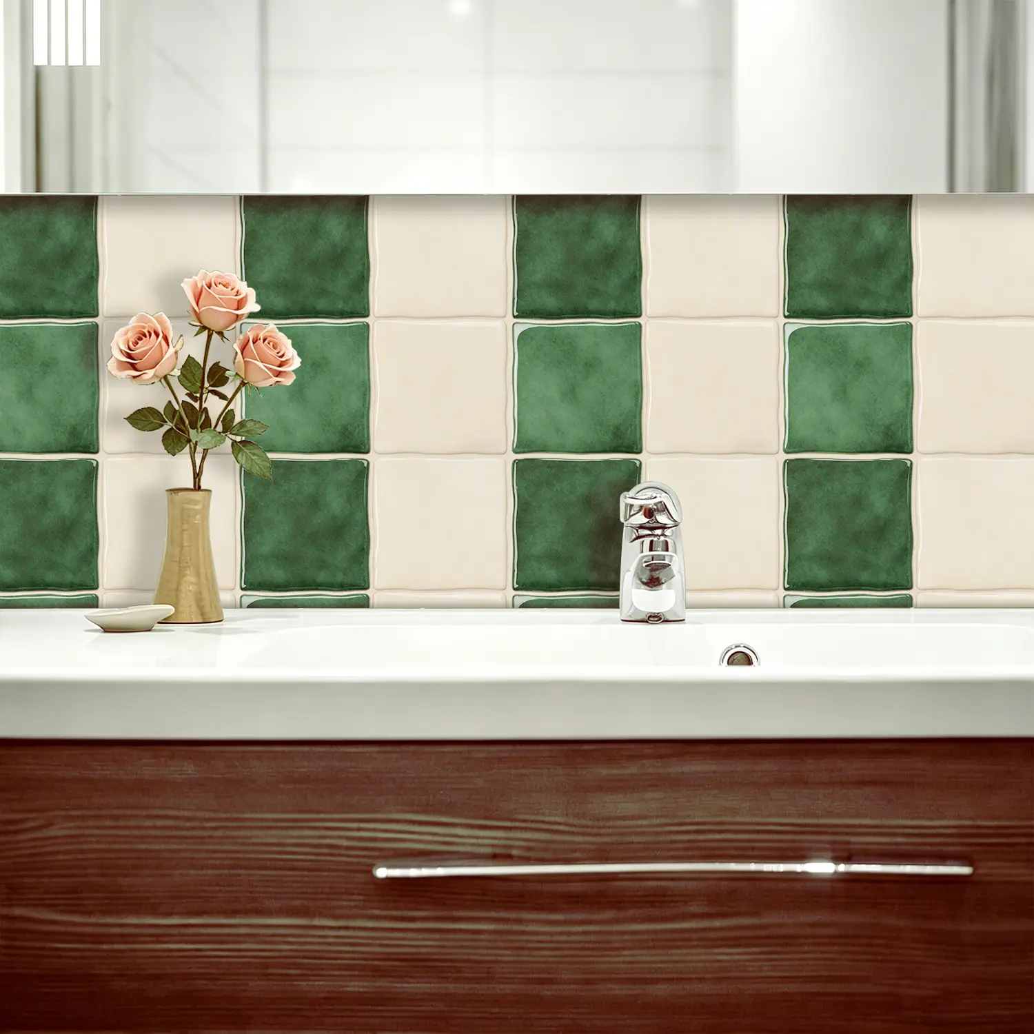 20x20cm (7.87in) High-Quality PVC Square Dark Green Faux Ceramic Textured Peel-and-Stick Self-Adhesive Wall Panels, Easy Removal, Indoor Use for Kitchen Backsplash, Bathroom DIY Home Improvement (Ideal for Renters)