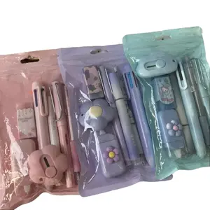 7PCS Kawaii Purple Stationery Set – Cute School Supplies Kit with Ballpoint Pens, Highlighter, Correction Tape, Eraser & Pencil Sharpener, Aesthetic Writing Supplies for Students, Note Taking, Journaling & Office Use, Back to School Essentials