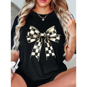 Women's Black Crew Neck Short Sleeve T-Shirt with Checkered Bow Print, 100% Cotton Casual Sportswear Top