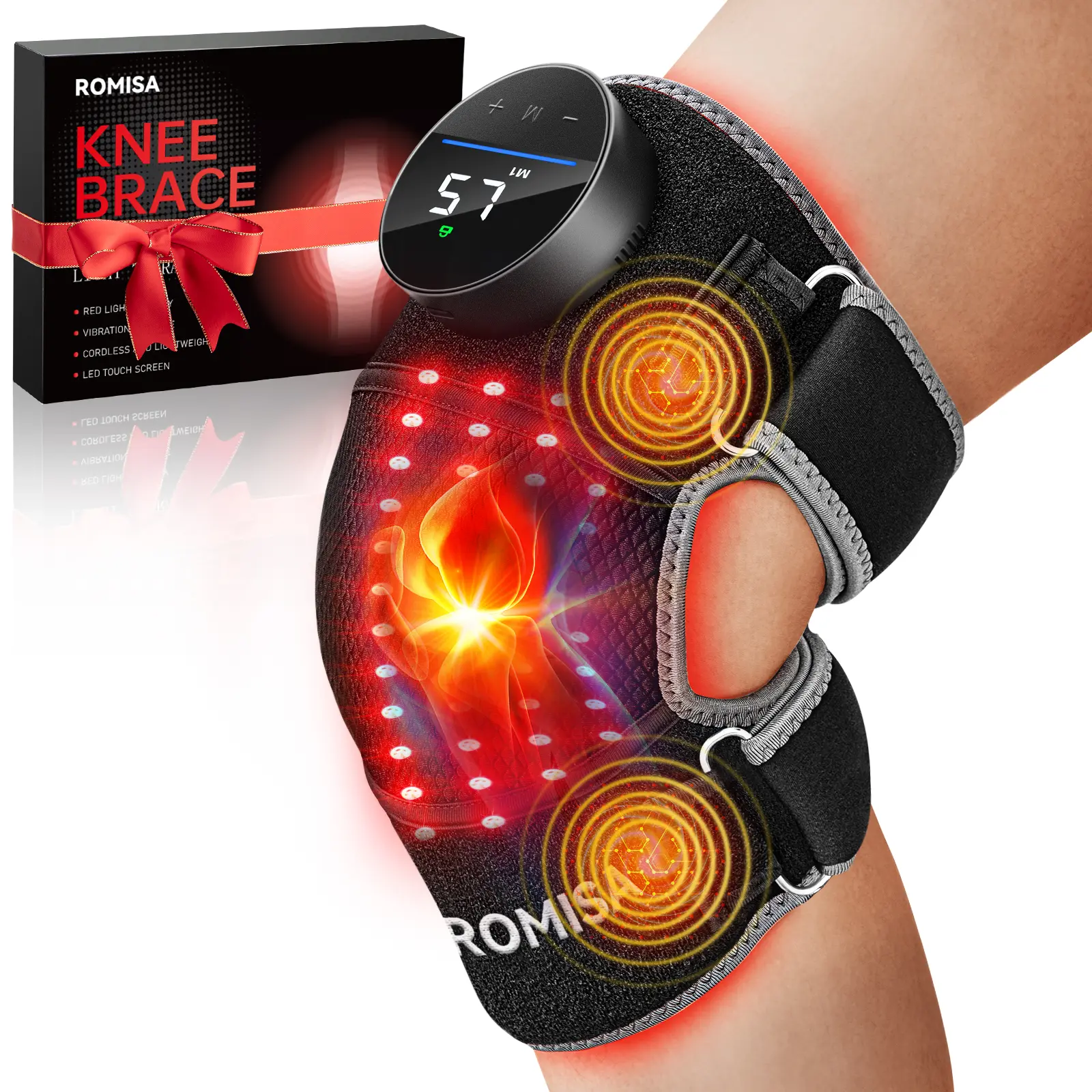 ROMISA Red Light Therapy Knee Brace Vibration Knee Massage for Pain Relief, 660nm&850nm Rechargeable Near Infrared Light Therapy Device for Knee/Elbow/Shoulder Faster Recovery for Cordless Use