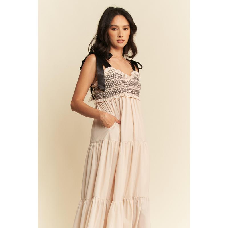 Davi & Dani Multi Contrast Smocked Bodice Straps Maxi Dress