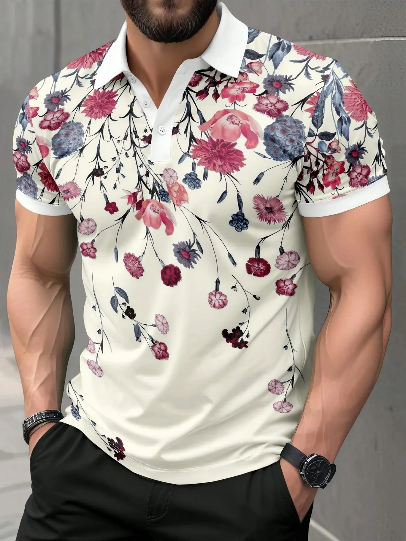 Men's Watercolor Floral Print Polo Shirt, Short Sleeve Button Front, Elegant Flower Pattern, Lightweight Breathable, Comfortable Fashion
