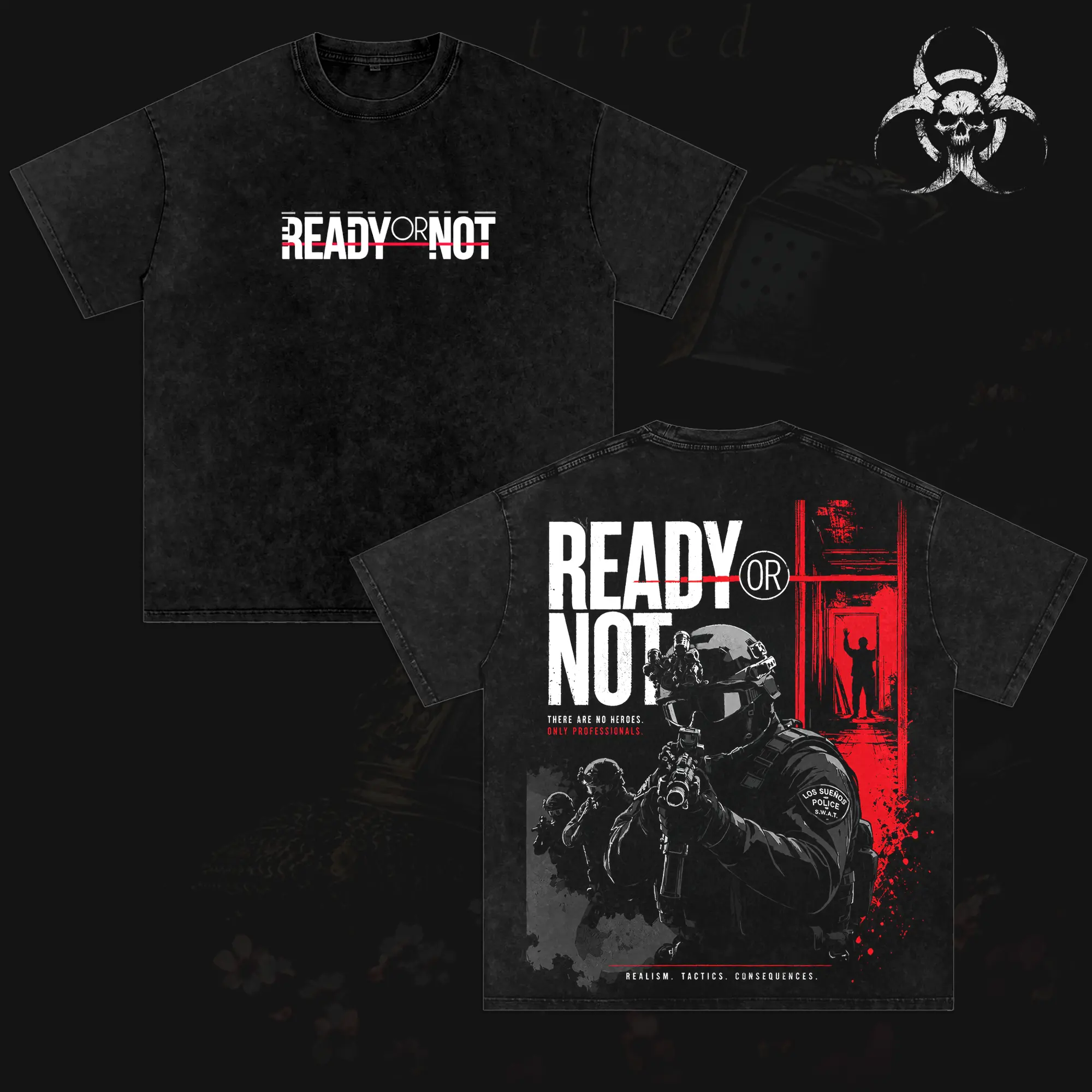 Ready or Not T-Shirt, SWAT Tactical FPS Graphic Tee, Los Sueños Police Vintage Washed Oversized Shirt, Realistic Tactical Shooter Gaming Streetwear, Gamer Gift