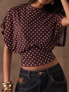 Viral Burgundy Polka Dot Oversized Sleeve Crop Top Shirts Y2K Aesthetic Round Neck Short Sleeve Casual Going OutCommuting New Year Top Womenswear