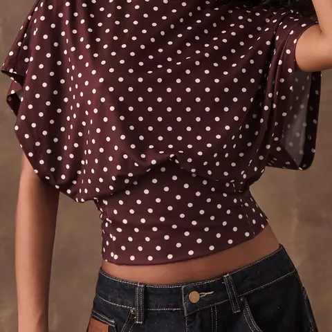 Burgundy Polka-Dot Crop Top, Mock Neck Oversized Short-Sleeve Top, Bohemian Casual Top, Casual Everyday Y2K Aesthetic, Perfect New Year Shirt for Going Out and Commuting
