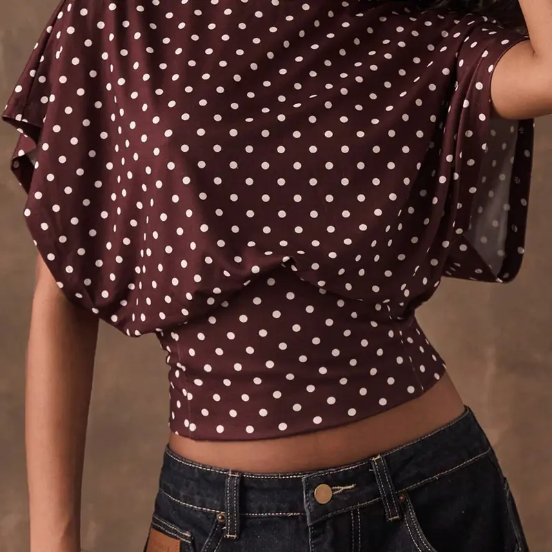 Burgundy Polka-Dot Crop Top, Mock Neck Oversized Short-Sleeve Top, Bohemian Casual Top, Casual Everyday Y2K Aesthetic, Perfect New Year Shirt for Going Out and Commuting