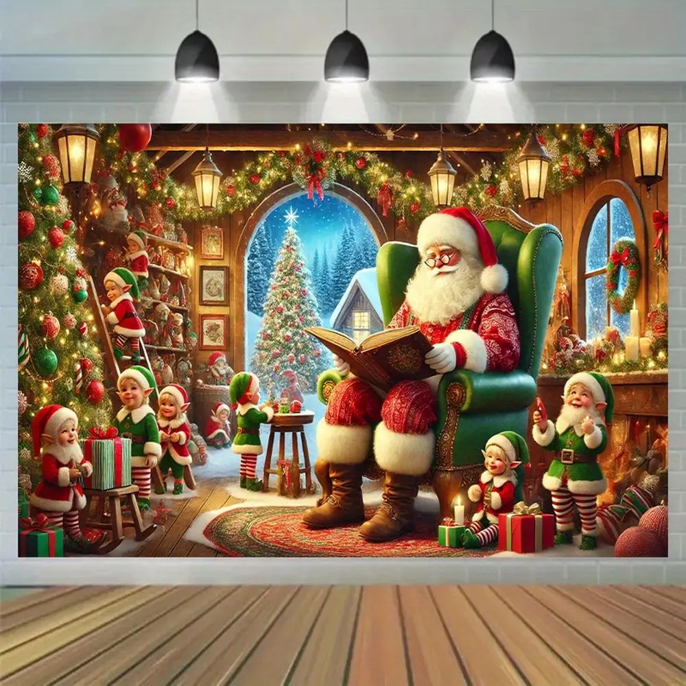 1pc Soft Durable Large 2D Flat Polyester Christmas Photography Backdrop (213.36x152.4cm) - Santa Claus Reading Design, Indoor Glam Decor, Holiday Banner, Cake Table Accent