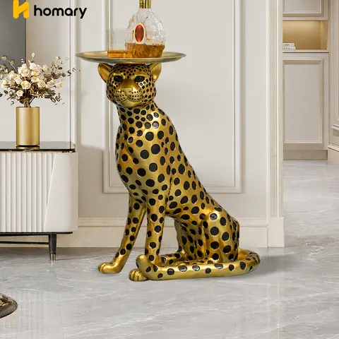Homary Art Deco Resin Gold Panther Sculpture-Side Table Combo, Metal Gold-Toned High-End Tray Top Indoor Table, 23.2x24.2" Glam Unique Decor, Living Room Aesthetic Home Accessory