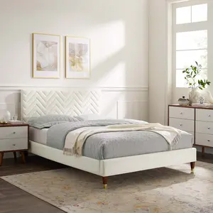 Modway Leah Chevron Tufted Performance Velvet Queen Platform Bed in White