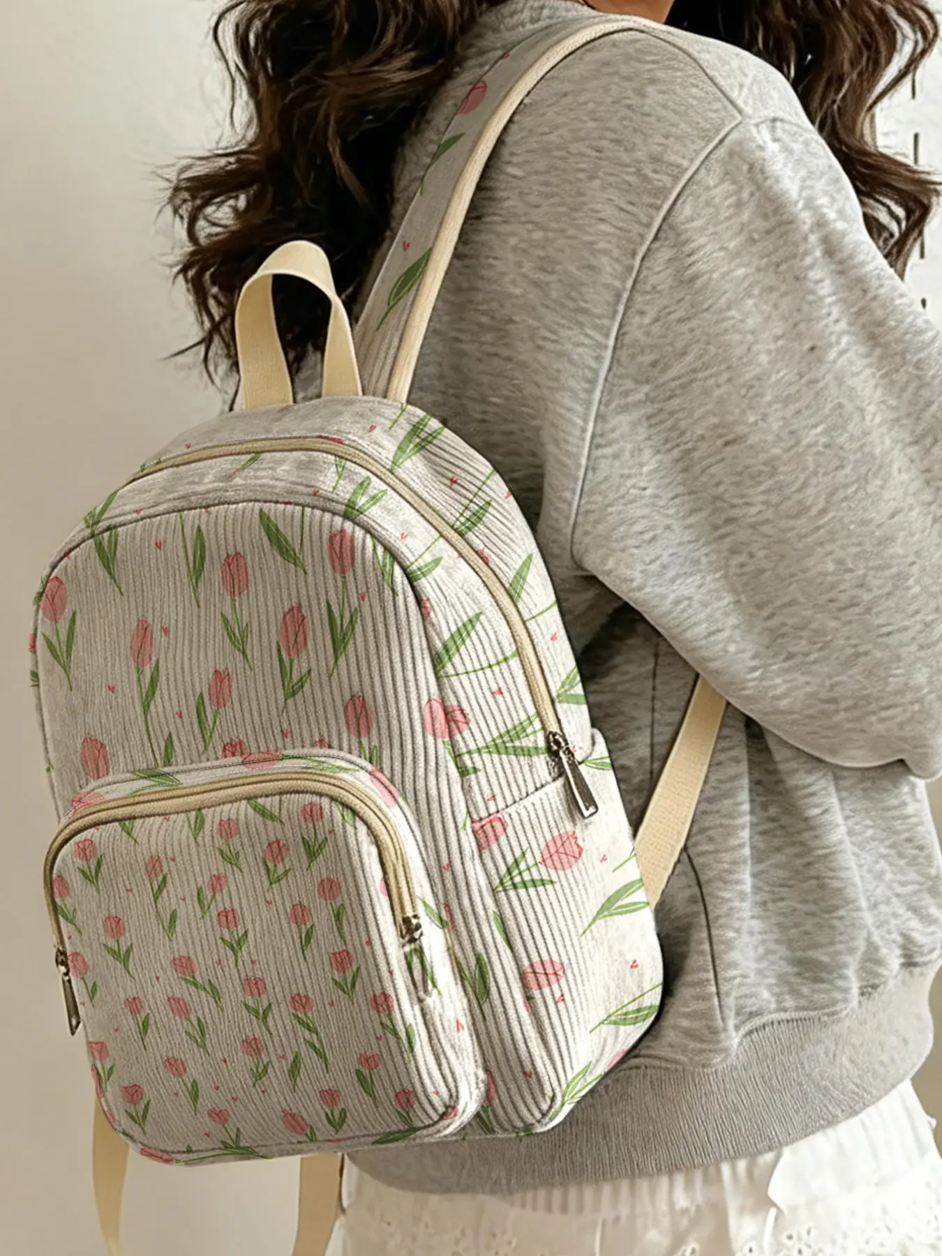 1 piece of pink tulip print 2D printed lady's backpack, corduroy texture + layered storage + light weight reduction | perfect for students to go to class/stroll out/short trips | combination of atmosphere and practicality