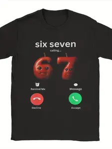 The Mens Funny 67 Calling Meme T-Shirt Is Made of 180G 100% And Features an Oversized Fit. It Showcases a Humorous AI Apple Brainrot Design That Appeals to Genz