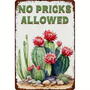 Charming 8x12" Vintage 'No Pricks Allowed' Metal Tin Sign with Cactus Illustration - Rustic Wall Decor for Home, Cafe, Office, Kitchen - Durable, Easy-to-Hang Art, 2D, Perfect for Room Decor