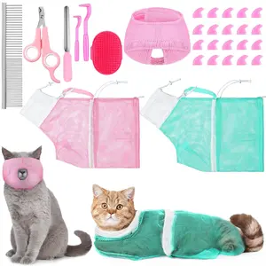 10 Pcs Cat Bathing Bag Set Pet Mesh Shower Bag Anti Bite Scratch Pet Grooming Kit with Washing Brush Cat Muzzle Nail Clipper Nail File Tick Tool Blue Pink
