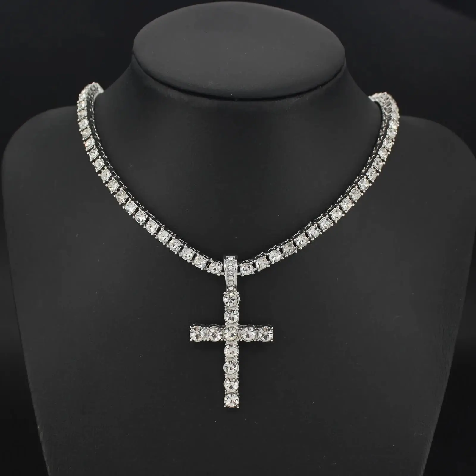20 in Mens Womens Hip Hop Fashion Cross Pendant Necklace with 4mm Tennis Chain, Hip Hop Fashion Jewelry for Party Outfit