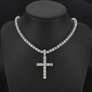 20 in Mens Womens Hip Hop Fashion Cross Pendant Necklace with 4mm Tennis Chain, Hip Hop Fashion Jewelry for Party Outfit