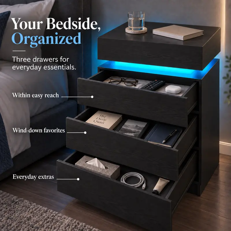 LIKIMIO Nightstand with Charging Station & LED Lights, Modern Bedside Table with 2- or 3-Drawer Options, Sliding Top, Standard Top or Lockable Top Drawer, End Table for Bedroom & Small Spaces Nightstand With Drawers LIKIMIO Nightstand with Charging Station & LED Lights, Modern Bedside Table with 2- or 3-Drawer Options, Sliding Top, Standard Top or Lockable Top Drawer, End Table for Bedroom & Small Spaces Nightstand With Drawers