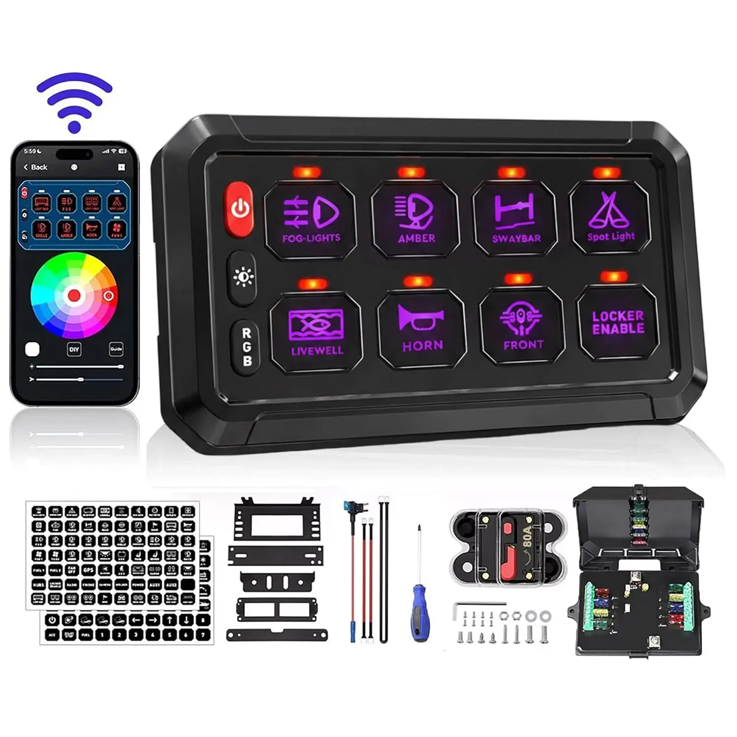 RGB 8 Gang Bluetooth Switch Panel, Constant  Momentary Flash Strobe Mode 6 Gang Control Panel, Multifunction Switch Panel for Truck SUV ATV UTV RV Multifunction 12-24