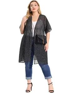 Agnes Orinda Cover Up Plus Size Summer Short Sleeve Bikini Polka Dots Kimono Cardigan