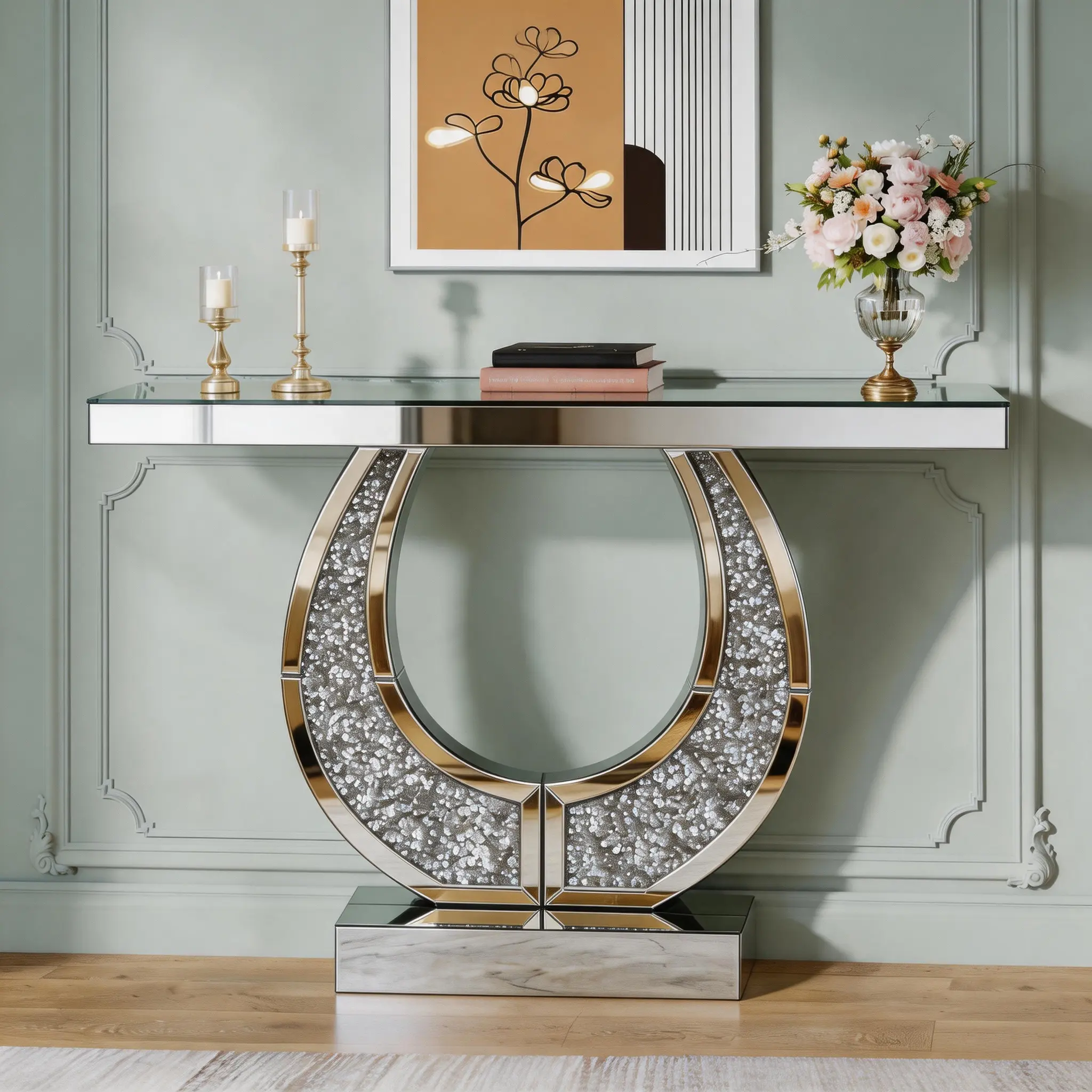 45-Inch Modern Glam Mirrored Console Table with Crushed Diamonds Inlay, Silver Glass Entryway Desk, Sturdy O-Shaped Frame, Luxury Accent Furniture for Hallway, Living Room