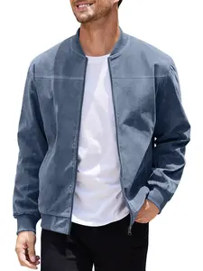 Men's Spring & Fall Zipper Jacket, Suede Fabric Plain Casual Soft Long Sleeve Button Front Outerwear, Loose Fit Vintage Style Menswear Coat