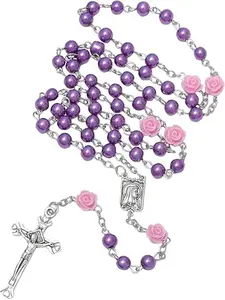 Lent Purple Rose Rosary Necklace with Crucifix | Catholic Beaded Prayer Jewelry for Women | Religious Devotional Accessory | Spiritual Faith Gift for Church, Daily Prayer & Mother's Day