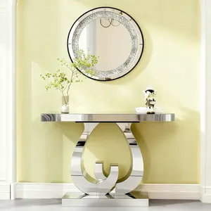 Modern Mirror Console Table with Double C-Shaped Base, Glass Sofa Table for Entryway, Rectangular Hall Table for Living Room Corridor, Silver Mirror Finish