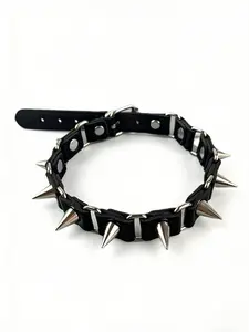 Black Spiked Leather Choker Necklace, Punk Gothic Edgy Style Jewelry with Silver Metal Spike & Adjustable Strap Detail, for Men & Women, Punk Concert & Streetwear Occasions, Fashionable Accessories