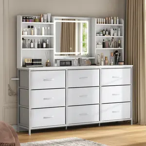 Vanity Desk with Lighted Mirror, Makeup Vanity Table with 9 Fabric Drawers, 8 Storage Shelves & 3 Lighting Modes, Dressing Table for Girls Women
