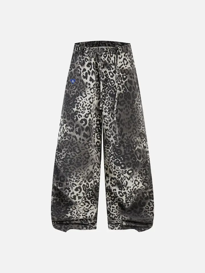 Aelfric Eden Leopard Baggy Barrel Jeans High Waist Balloon Barrel Silhouette Gradient Leopard Print Design Embellishment Adjustable Drawstring Waist Soft Drapey Denim Fabric Retro Streetwear Unisex Bottoms