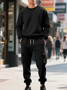 Men's Fall Winter Outfits Fleece Warm Sweatshirt Cargo Pants Set for Daliy Wear, Old Money Solid Color Round Neck Pullover Top, Multi-Pocket Design Casual，Essential for Man's Wardrobe.