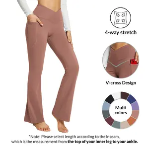 baleaf Women's Flare Leggings with Crossover High Waist, Stretchy Yoga Pants with Pockets for Lounge & Workout, Petite and Tall Sizes, Stretchy High Waist, Sports Bottoms