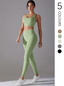 Women's Solid Crop Sports Bra & High Waist Leggings Tracksuit Set, Breathable Comfortable Seamless Sports Set for Yoga Gym Workout, Ladies Sportswear for All Seasons, Athleisure Wear Set, All Season Activewear