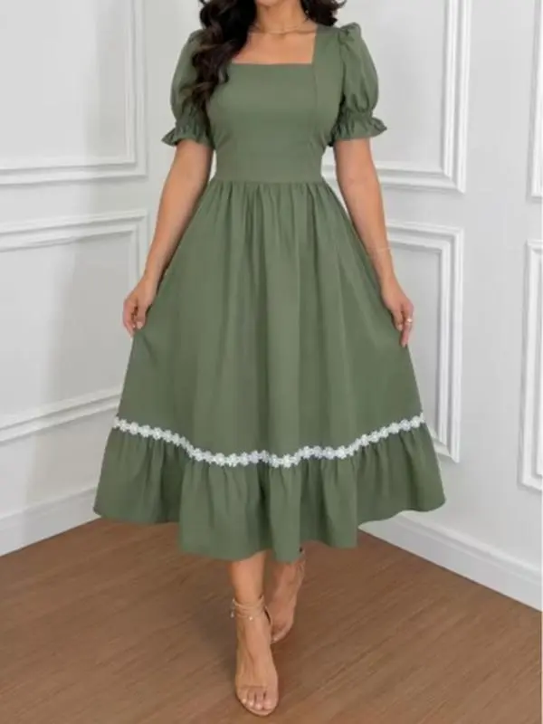 Women's striped casual elegant vacation dress with drawstring waist and A-line silhouette, decorated with lace and ruffles