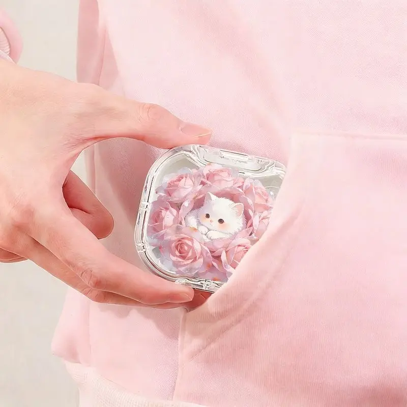 Pink Rose Bush White Cat Printed Retainer Box, Simple Cute Denture Box, Portable Orthodontic Retainer Storage Box, Dustproof Compression Resistant Invisible Braces Box