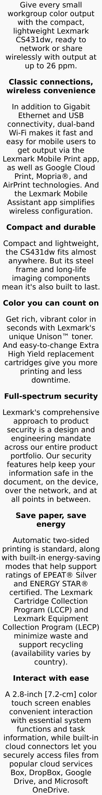 Lexmark CS430 CS431dw Desktop Wireless Laser Printer Color