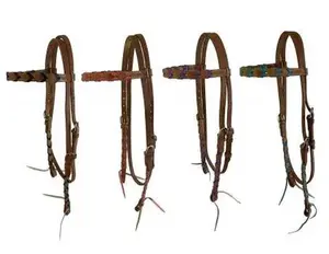 Argentina cow leather brow band headstall with colored lacing, with quick tie ends.