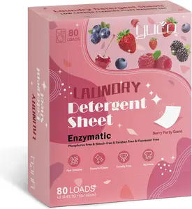 YUCO Laundry Detergent Sheets Berry Scent 80 Loads Eco Laundry Soap Washer Sheet, Liquidless Washing Detergent Sheets for Laundry for Travel, Plastic Free, Hypoallergenic