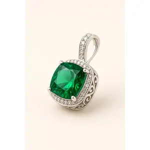 Emerald Green Cushion Cut Sterling Silver Pendant – Vintage Scroll Halo Necklace with Simulated Diamond Accents