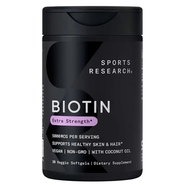 Sports Research® Biotin 5,000mcg with Organic Coconut Oil - Biotin (Vitamin B7) for Healthy Skin and Hair Support* - for Women and Men - Vegan, Non-GMO, Gluten & Soy-Free - 30 Veggie Softgels
